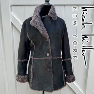 Nicole Miller Genuine Shearling Sheepskin Lamb Women Jacket Brown Medium Coat M
